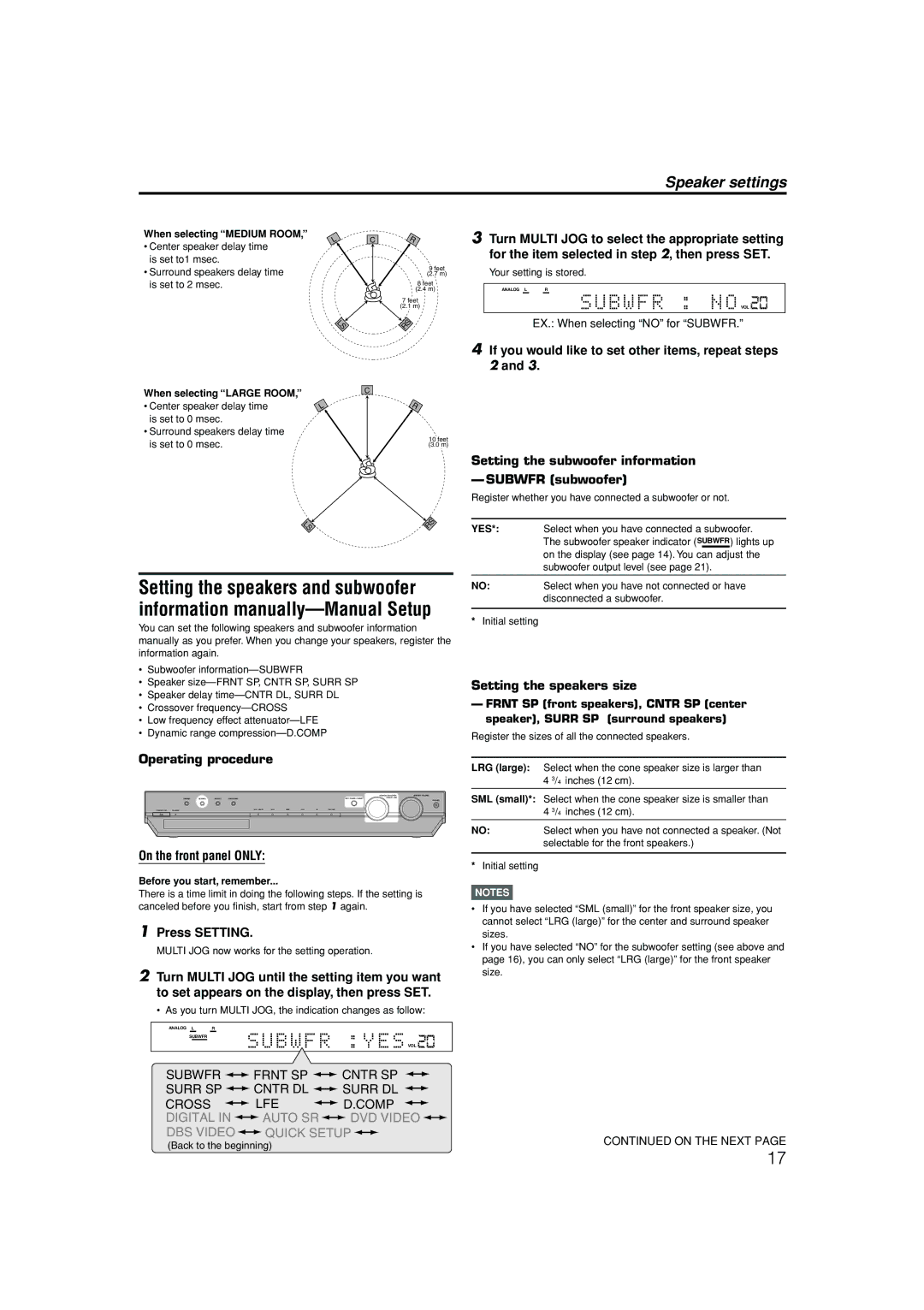 JVC RX-ES1SL manual When selecting Medium Room, When selecting Large Room 