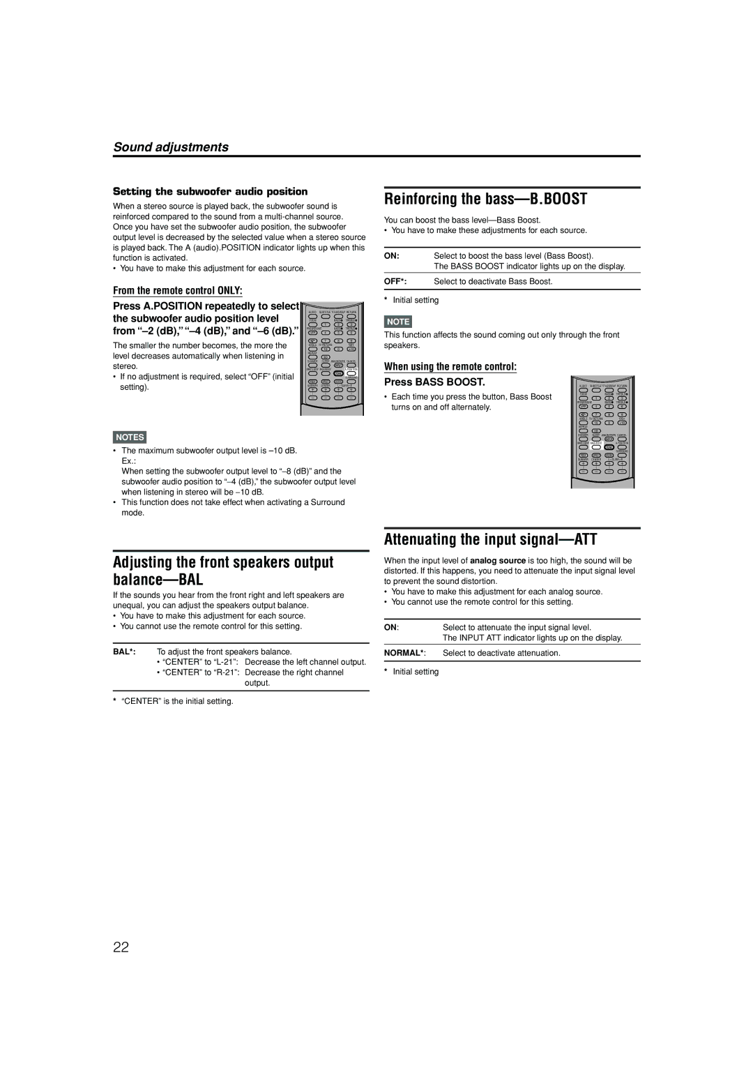 JVC RX-ES1SL manual Reinforcing the bass-B.BOOST, Adjusting the front speakers output balance-BAL 