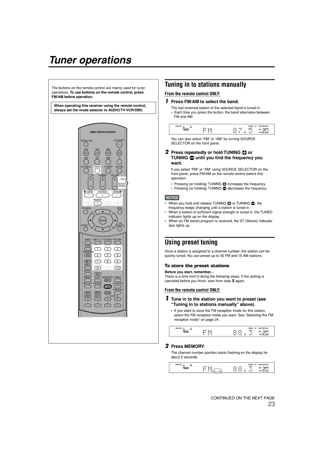 JVC RX-ES1SL Tuner operations, Tuning in to stations manually, Using preset tuning, Press Memory 