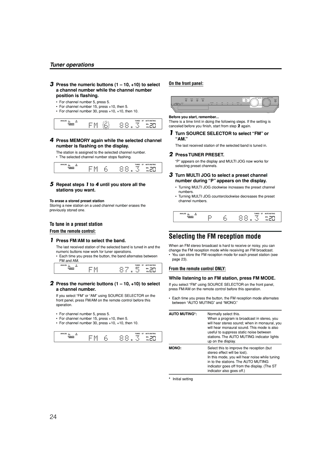 JVC RX-ES1SL manual Selecting the FM reception mode, To tune in a preset station, Turn Source Selector to select FM or AM 