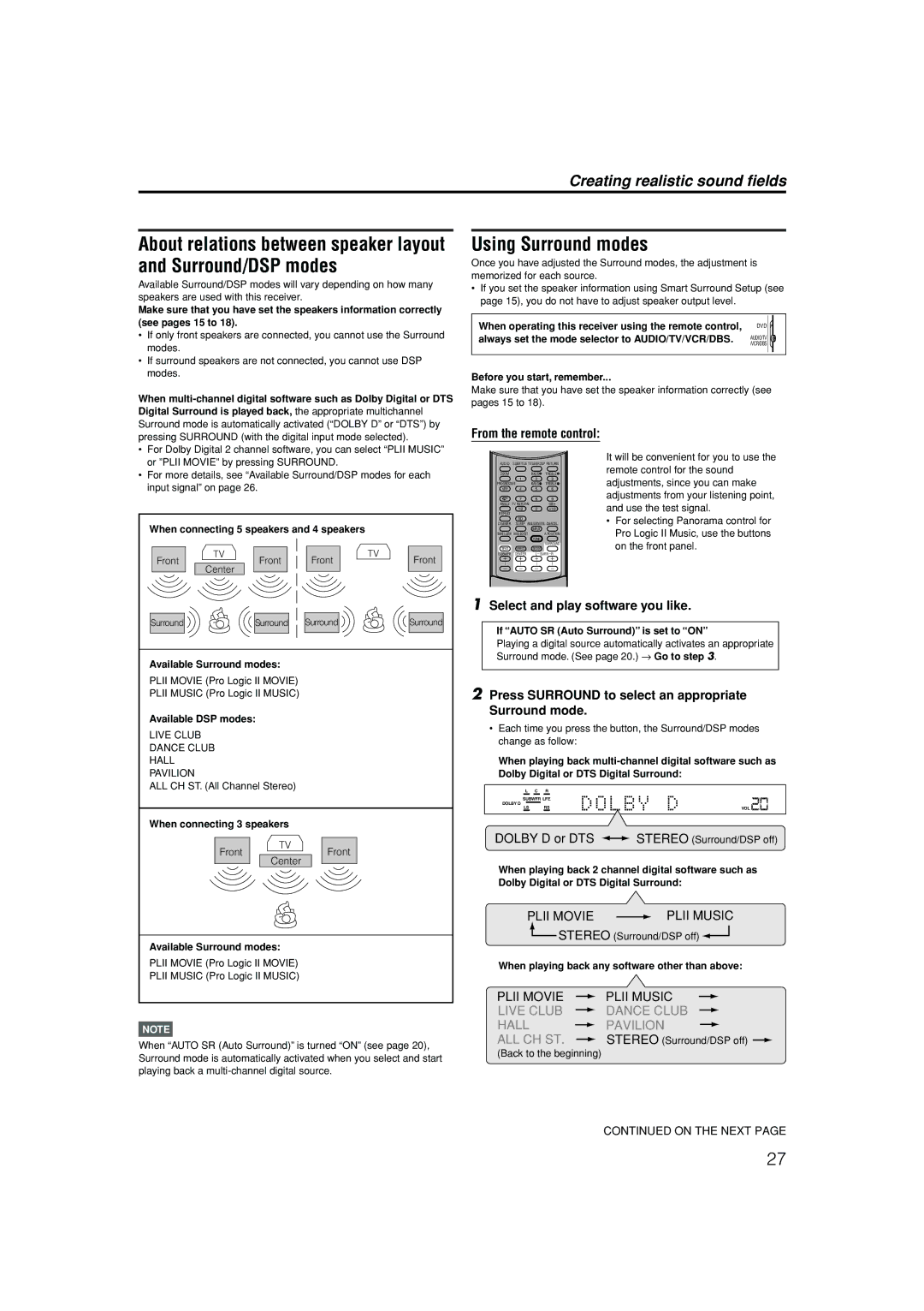 JVC RX-ES1SL manual Using Surround modes, From the remote control, Select and play software you like 