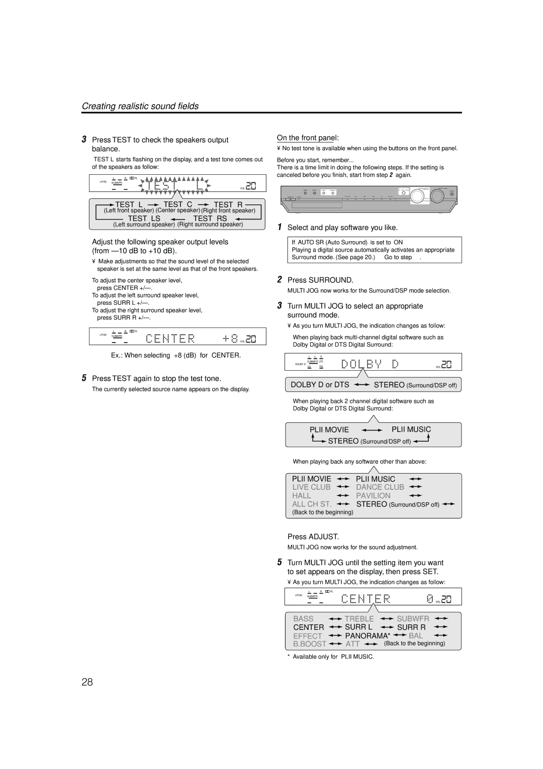 JVC RX-ES1SL manual Press Test to check the speakers output balance, Press Test again to stop the test tone, Press Surround 
