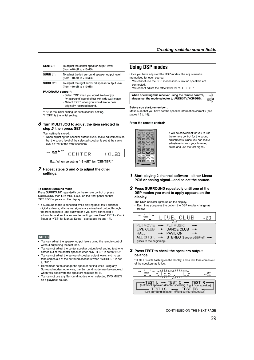 JVC RX-ES1SL manual Using DSP modes, Repeat steps 5 and 6 to adjust the other settings, Panorama control*2 