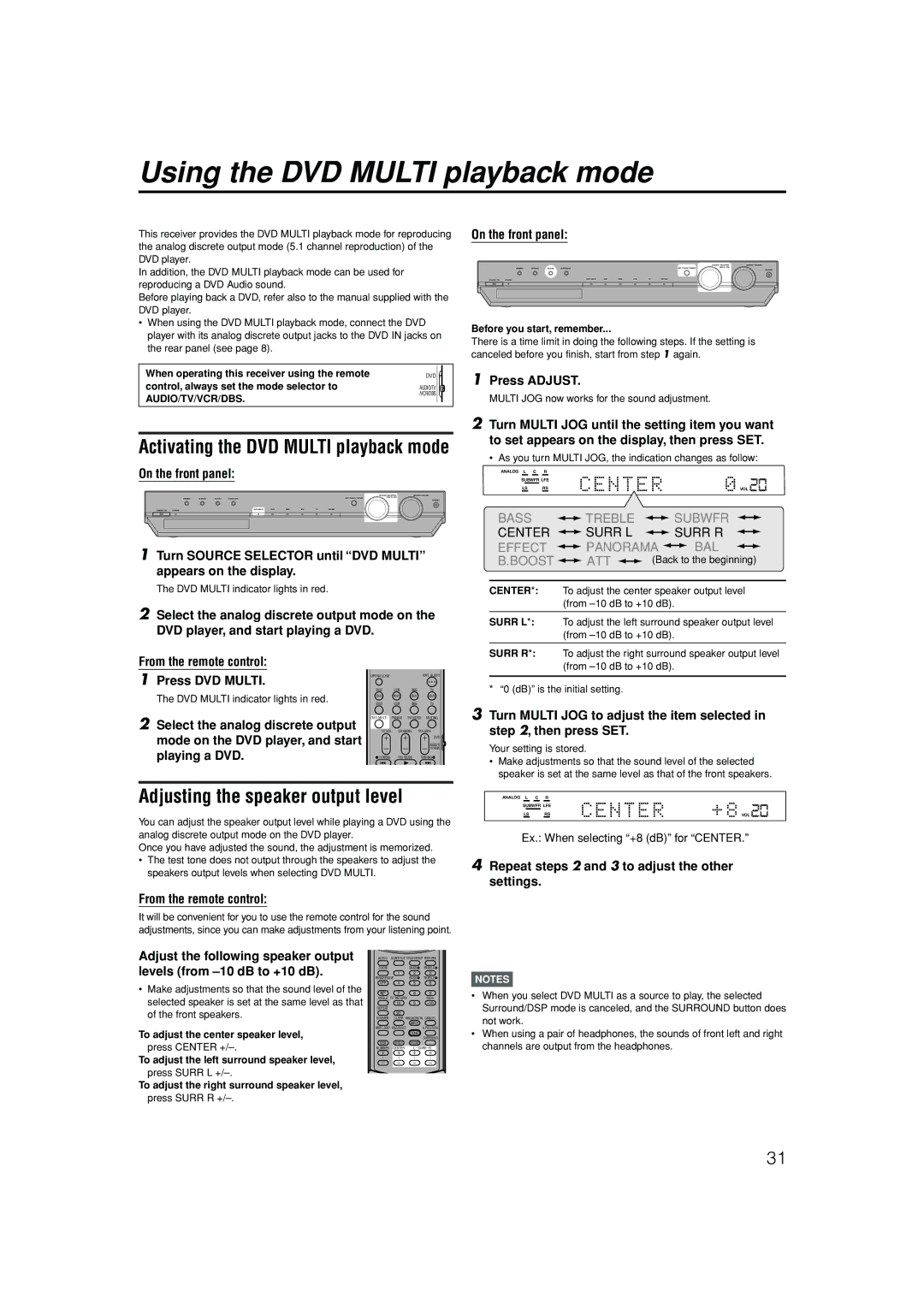 JVC RX-ES1SL manual Using the DVD Multi playback mode, Adjusting the speaker output level, Audio/Tv/Vcr/Dbs 