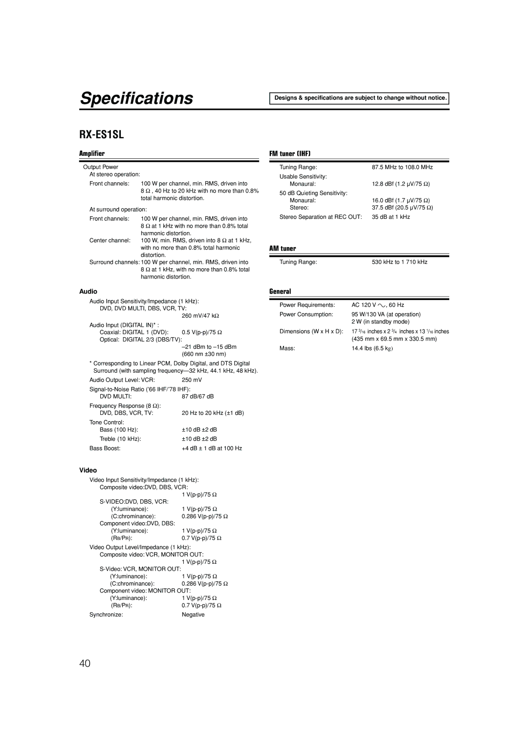 JVC RX-ES1SL manual Specifications 