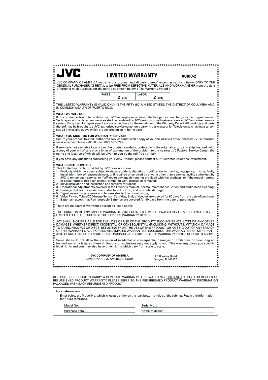 JVC RX-ES1SL manual Limited Warranty 