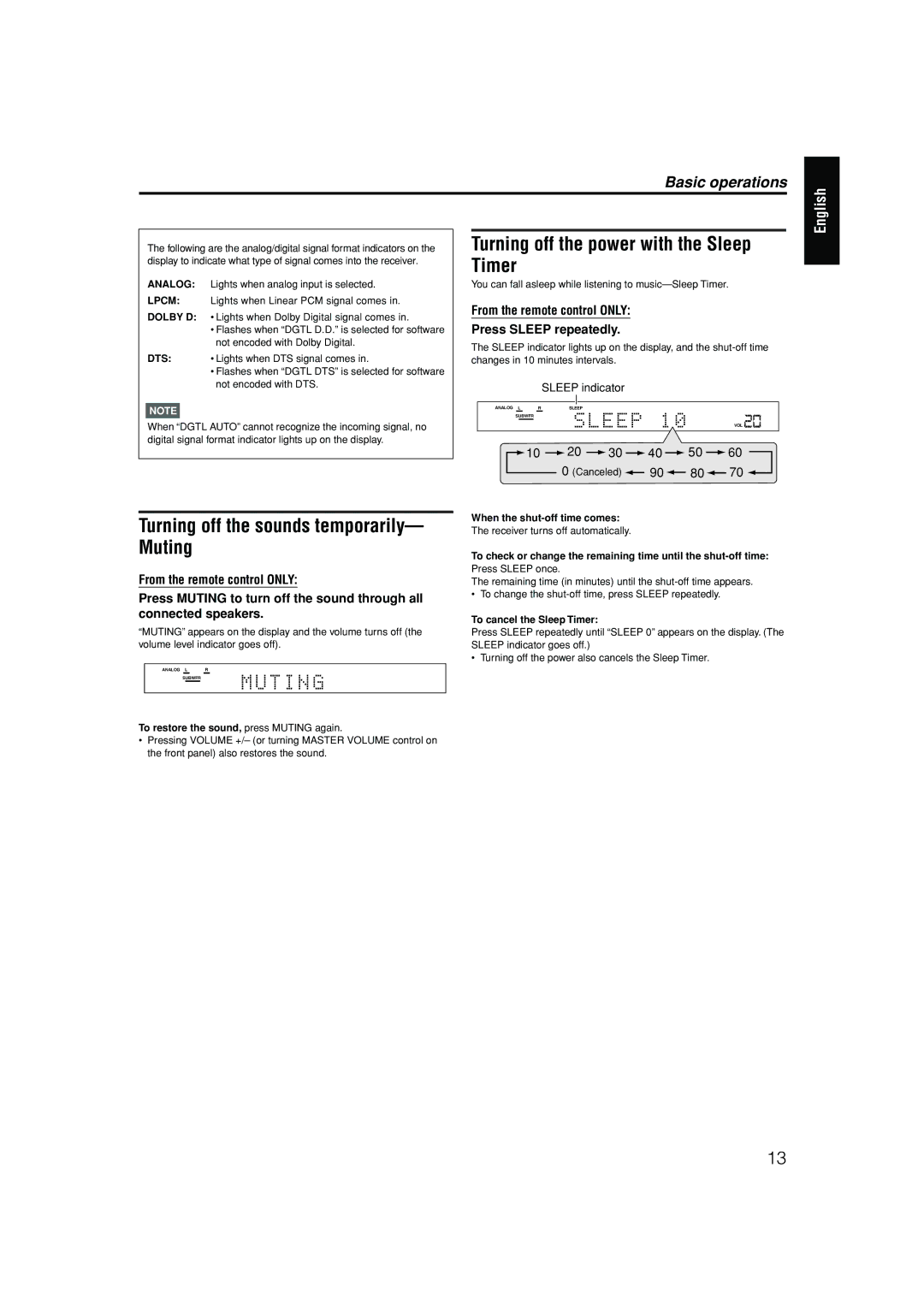 JVC RX-ES1SL manual Turning off the power with the Sleep, Timer 