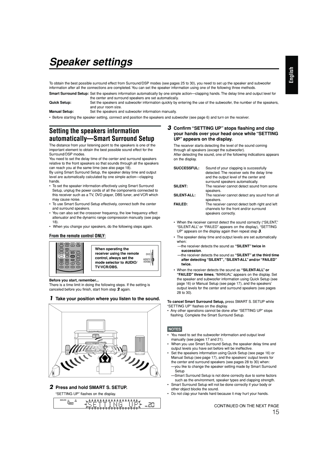 JVC RX-ES1SL manual Speaker settings 