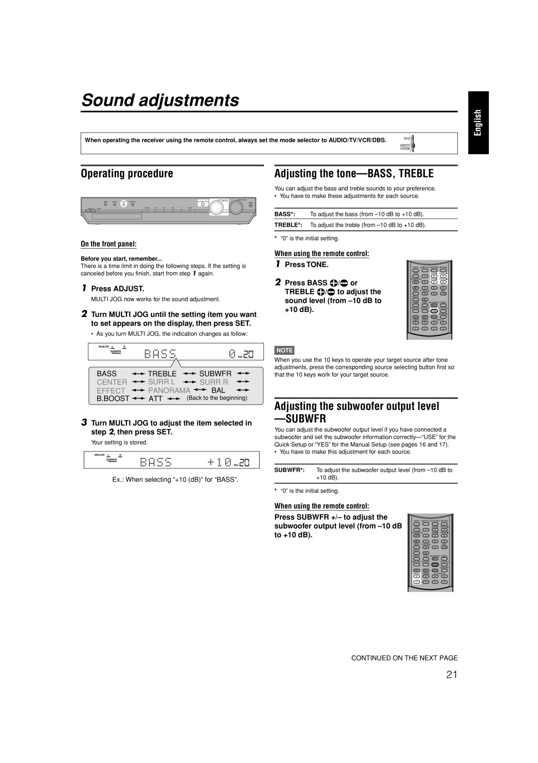 JVC RX-ES1SL manual Sound adjustments 