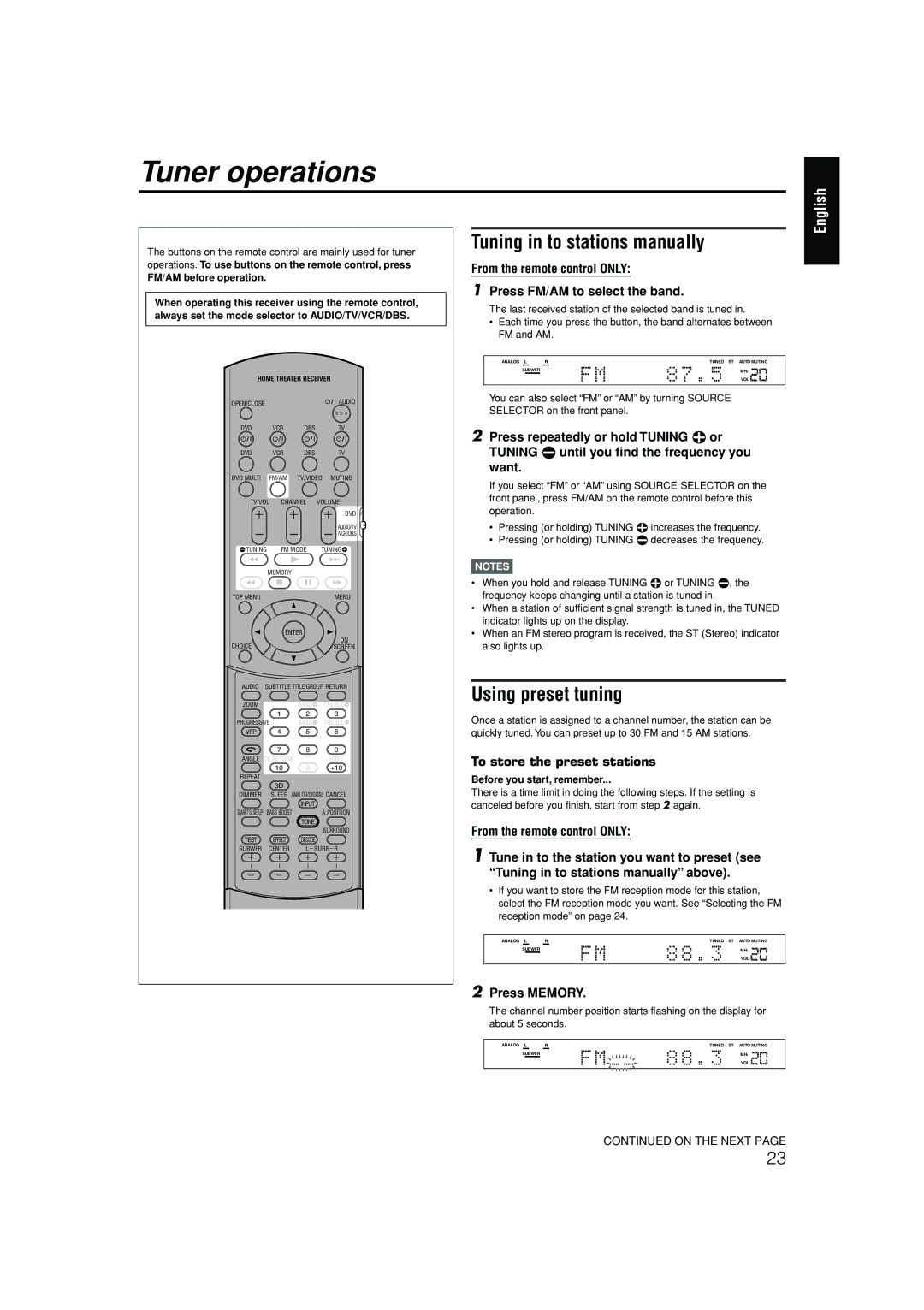 JVC RX-ES1SL manual Tuner operations 