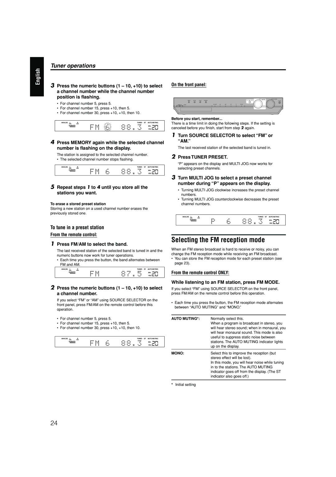 JVC RX-ES1SL manual Selecting the FM reception mode 