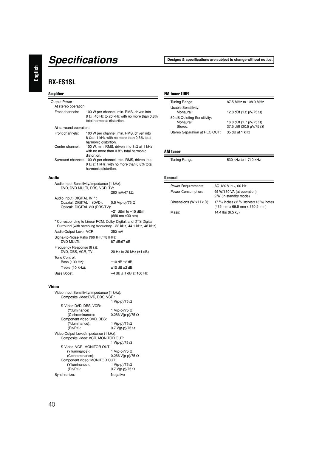 JVC RX-ES1SL manual Specifications 