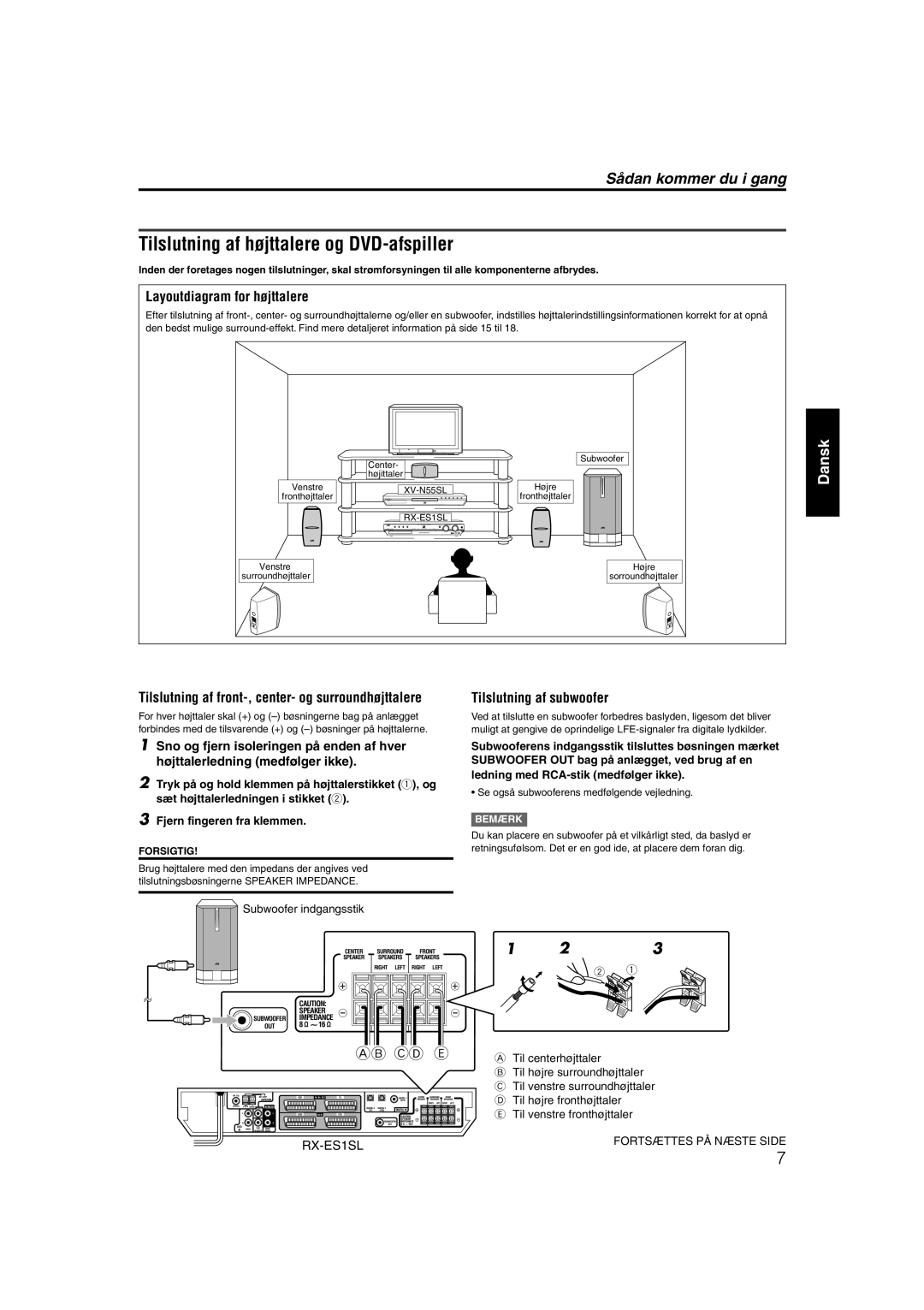 JVC RX-ES1SL manual Tilslutning af højttalere og DVD-afspiller, Layoutdiagram for højttalere, Tilslutning af subwoofer 