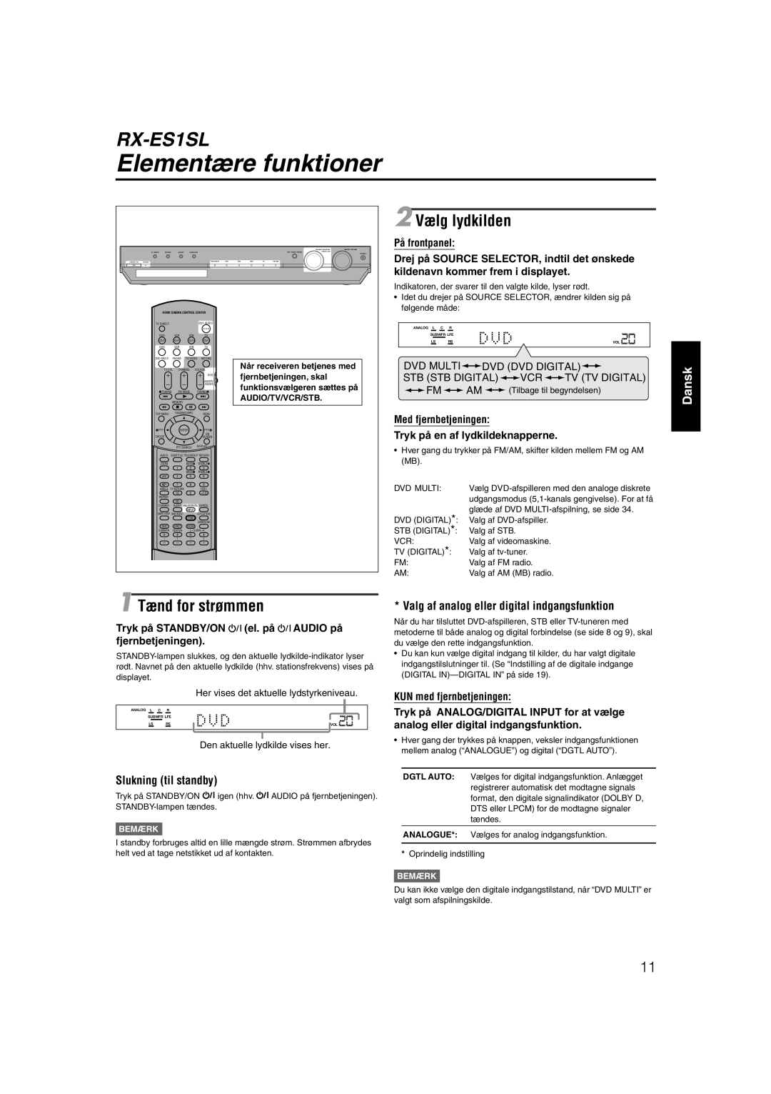 JVC RX-ES1SL manual Elementære funktioner, Vælg lydkilden, Tænd for strømmen, Slukning til standby 