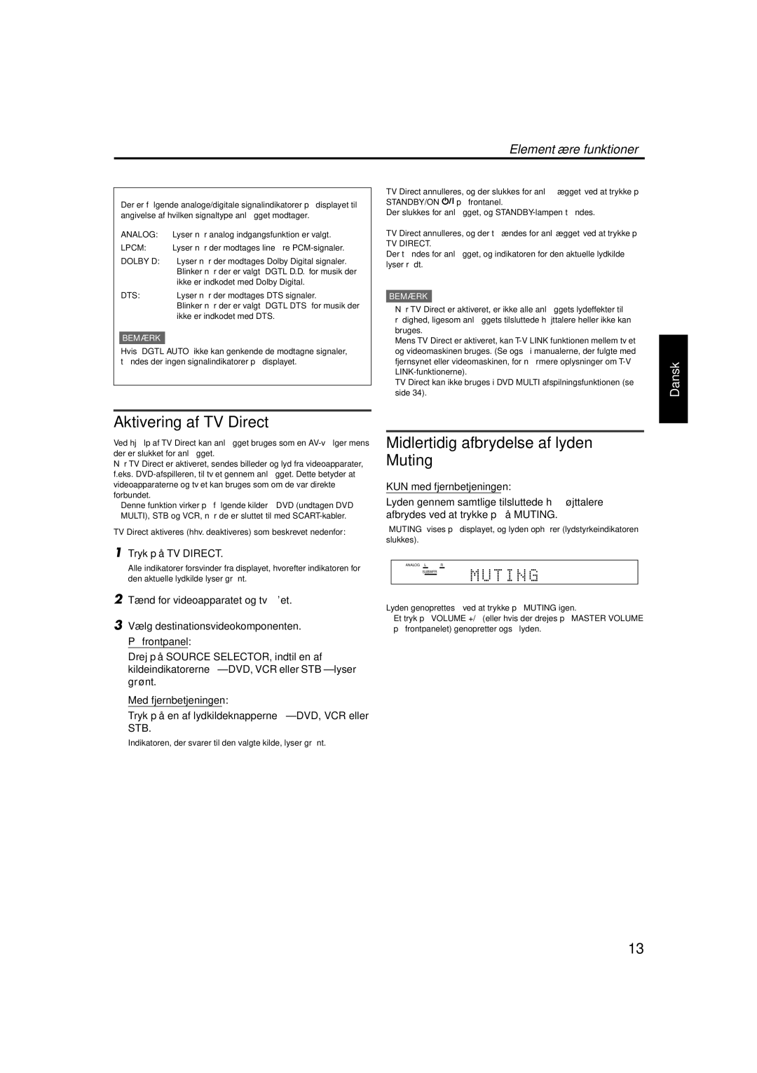 JVC RX-ES1SL manual Aktivering af TV Direct, Midlertidig afbrydelse af lyden- Muting, Tryk på TV Direct 