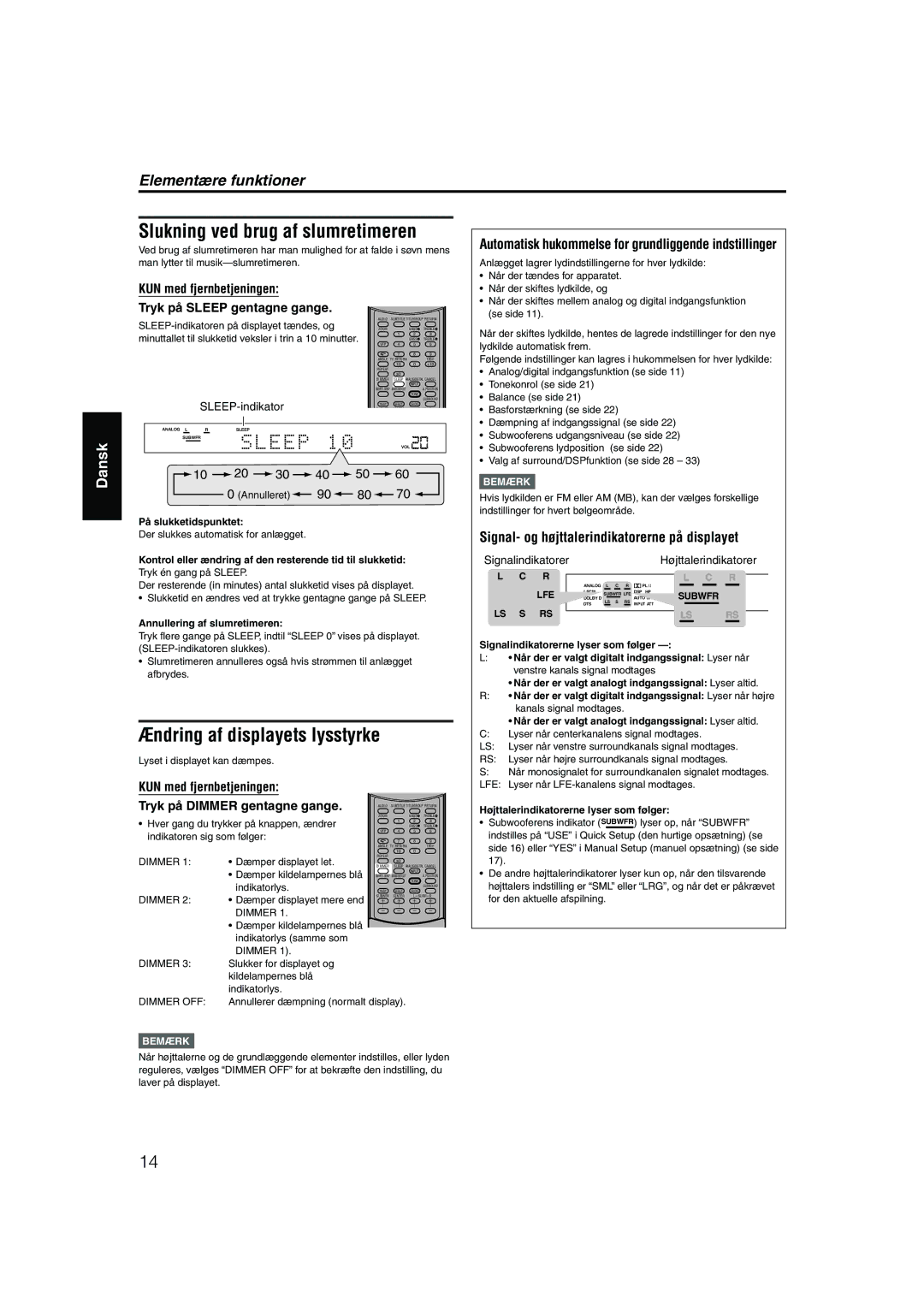 JVC RX-ES1SL manual Slukning ved brug af slumretimeren, Ændring af displayets lysstyrke 