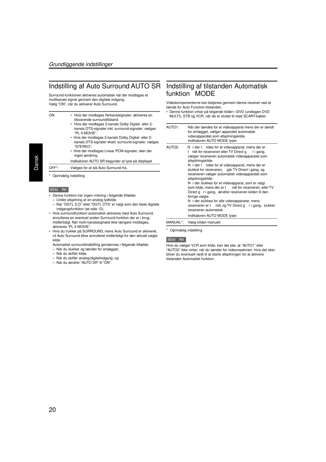 JVC RX-ES1SL manual Indstilling af tilstanden Automatisk funktion-MODE, Grundliggende indstillinger, AUTO1, AUTO2, Manual 