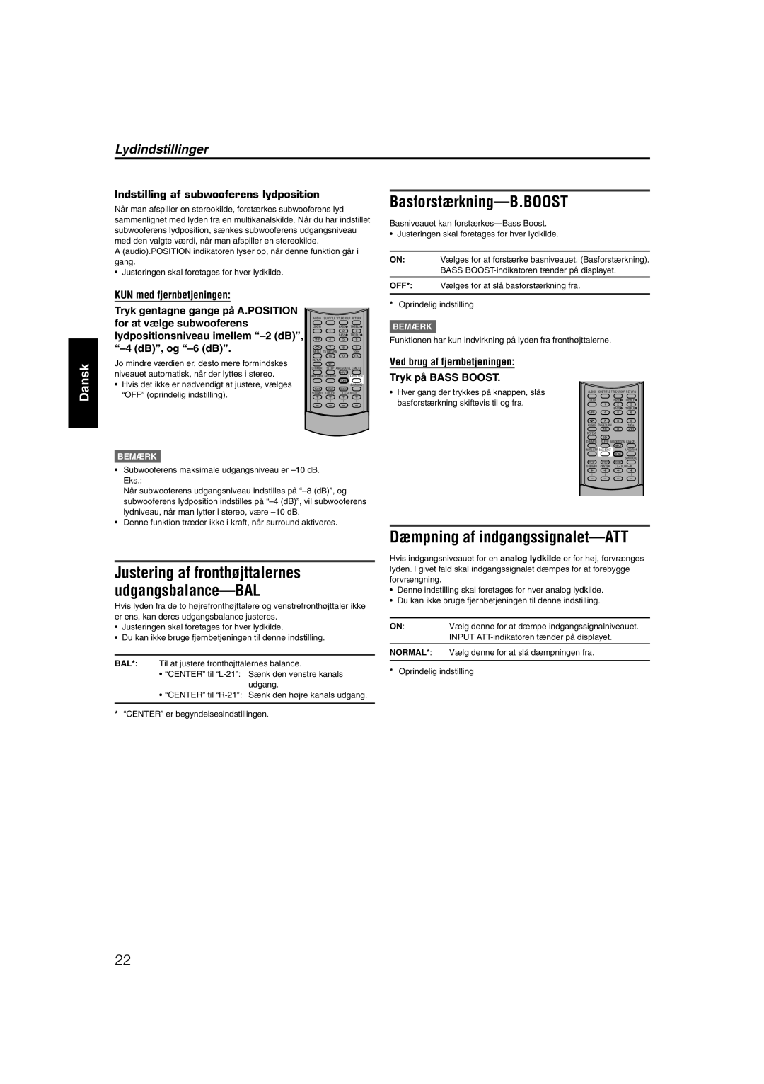 JVC RX-ES1SL manual Basforstærkning-B.BOOST, Dæmpning af indgangssignalet-ATT, Lydindstillinger 