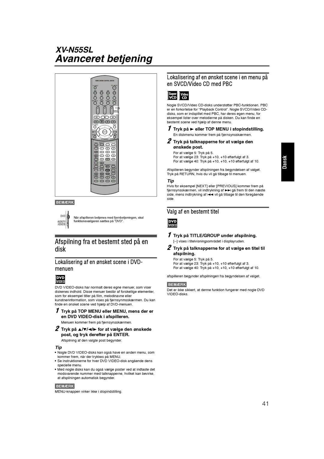 JVC RX-ES1SL manual Avanceret betjening, Afspilning fra et bestemt sted på en disk, Valg af en bestemt titel 