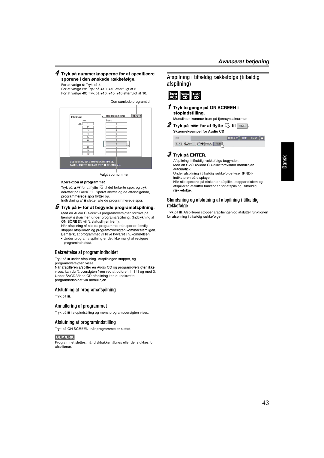 JVC RX-ES1SL manual Afspilning i tilfældig rækkefølge tilfældig afspilning, Bekræftelse af programindholdet 