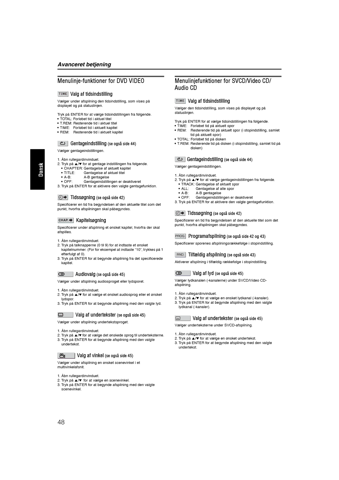 JVC RX-ES1SL manual Menulinje-funktioner for DVD Video, Menulinjefunktioner for SVCD/Video CD/ Audio CD 