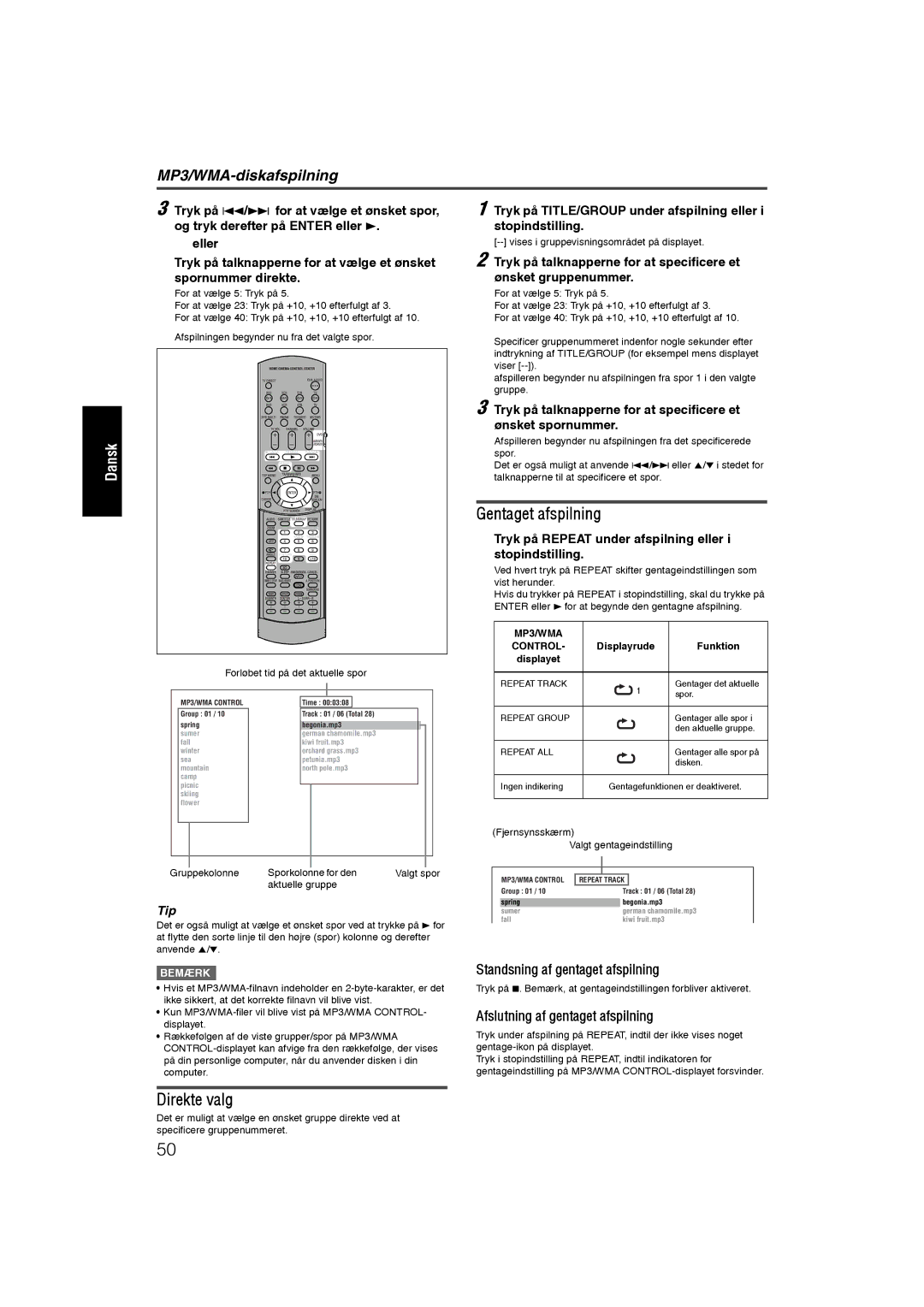 JVC RX-ES1SL manual Gentaget afspilning, Direkte valg, MP3/WMA-diskafspilning, Control 