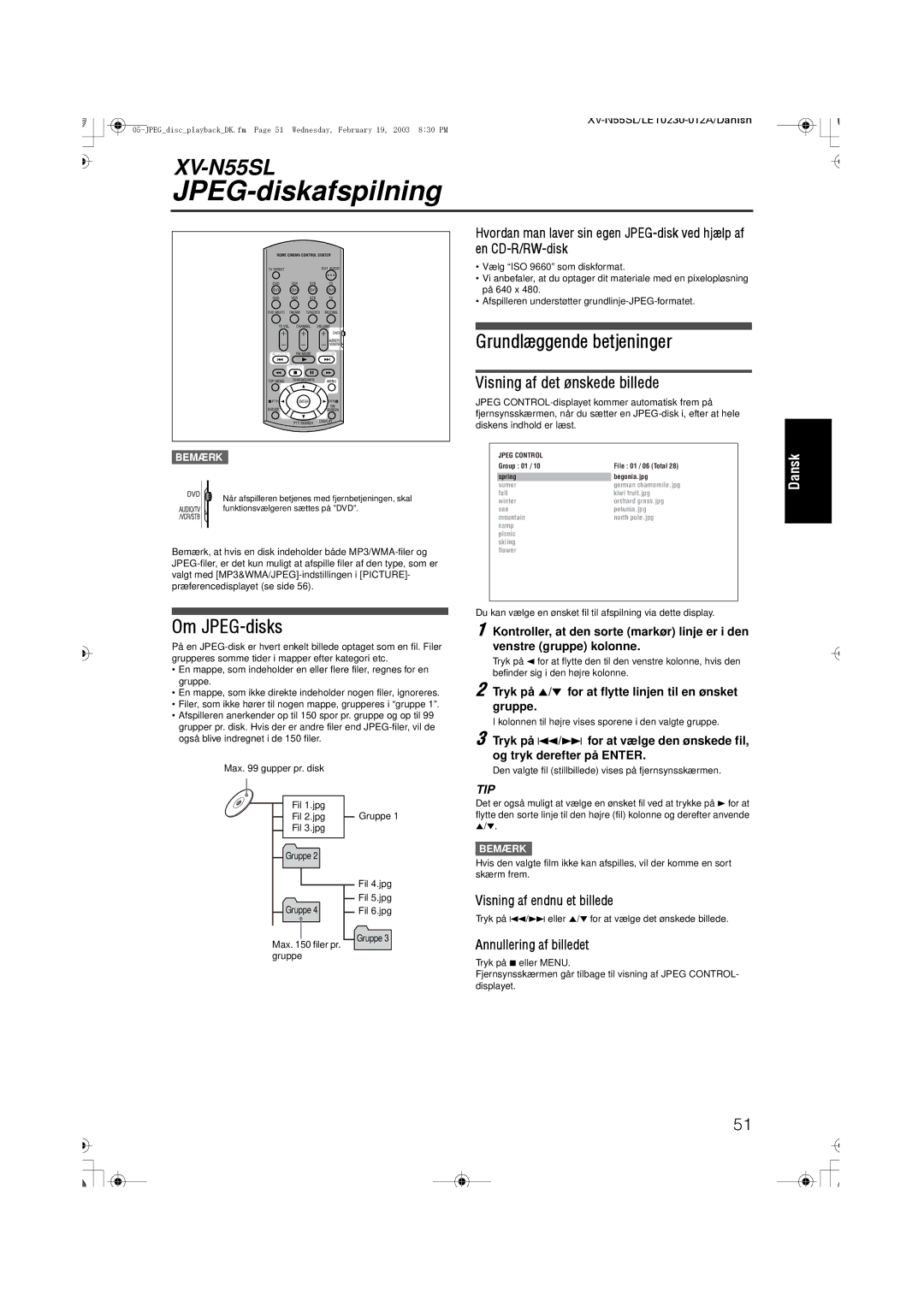 JVC RX-ES1SL manual JPEG-diskafspilning 