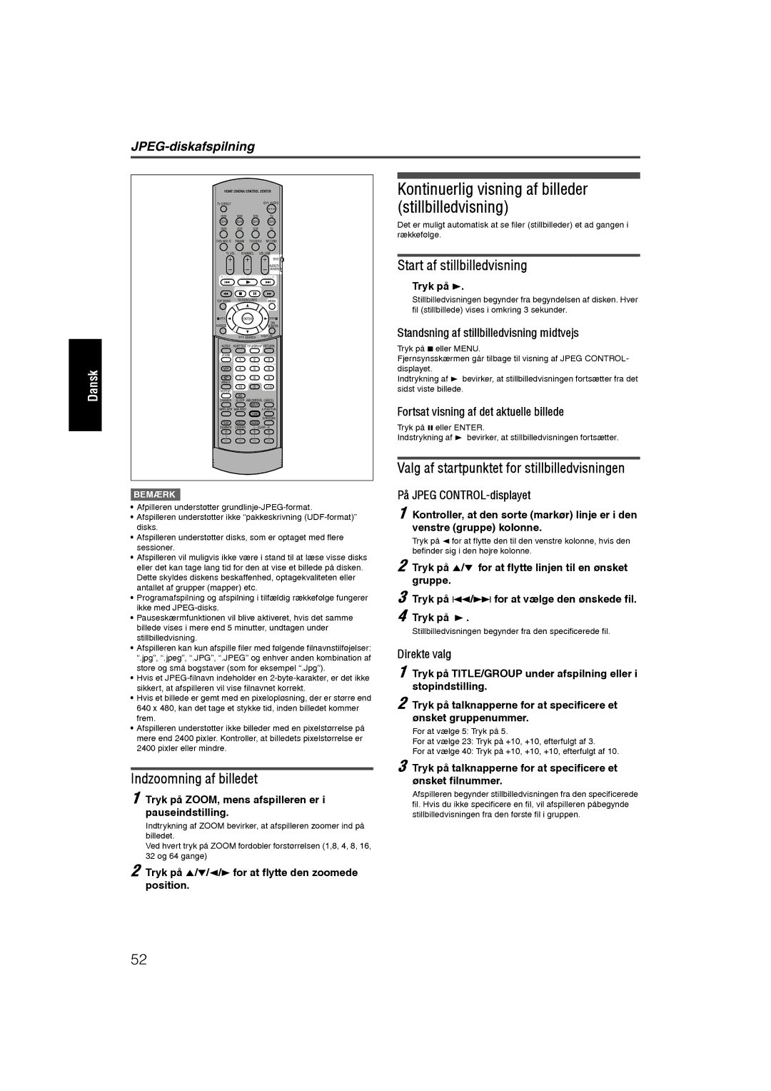 JVC RX-ES1SL Kontinuerlig visning af billeder stillbilledvisning, Indzoomning af billedet, Start af stillbilledvisning 