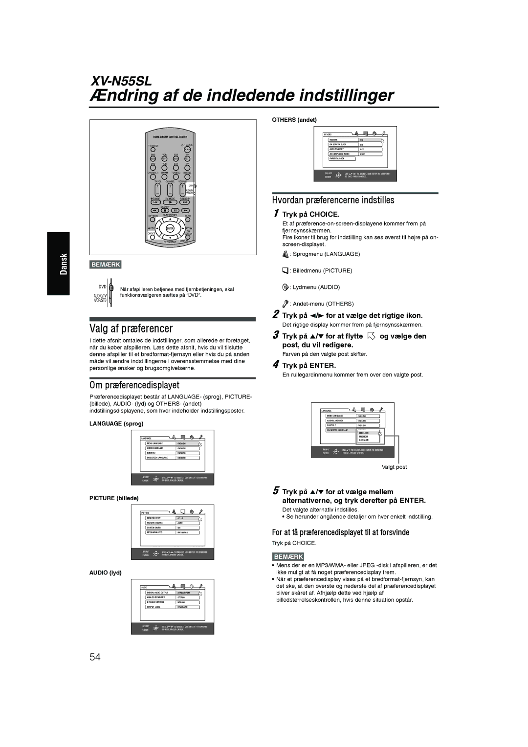 JVC RX-ES1SL manual Ændring af de indledende indstillinger, Valg af præferencer, Hvordan præferencerne indstilles 