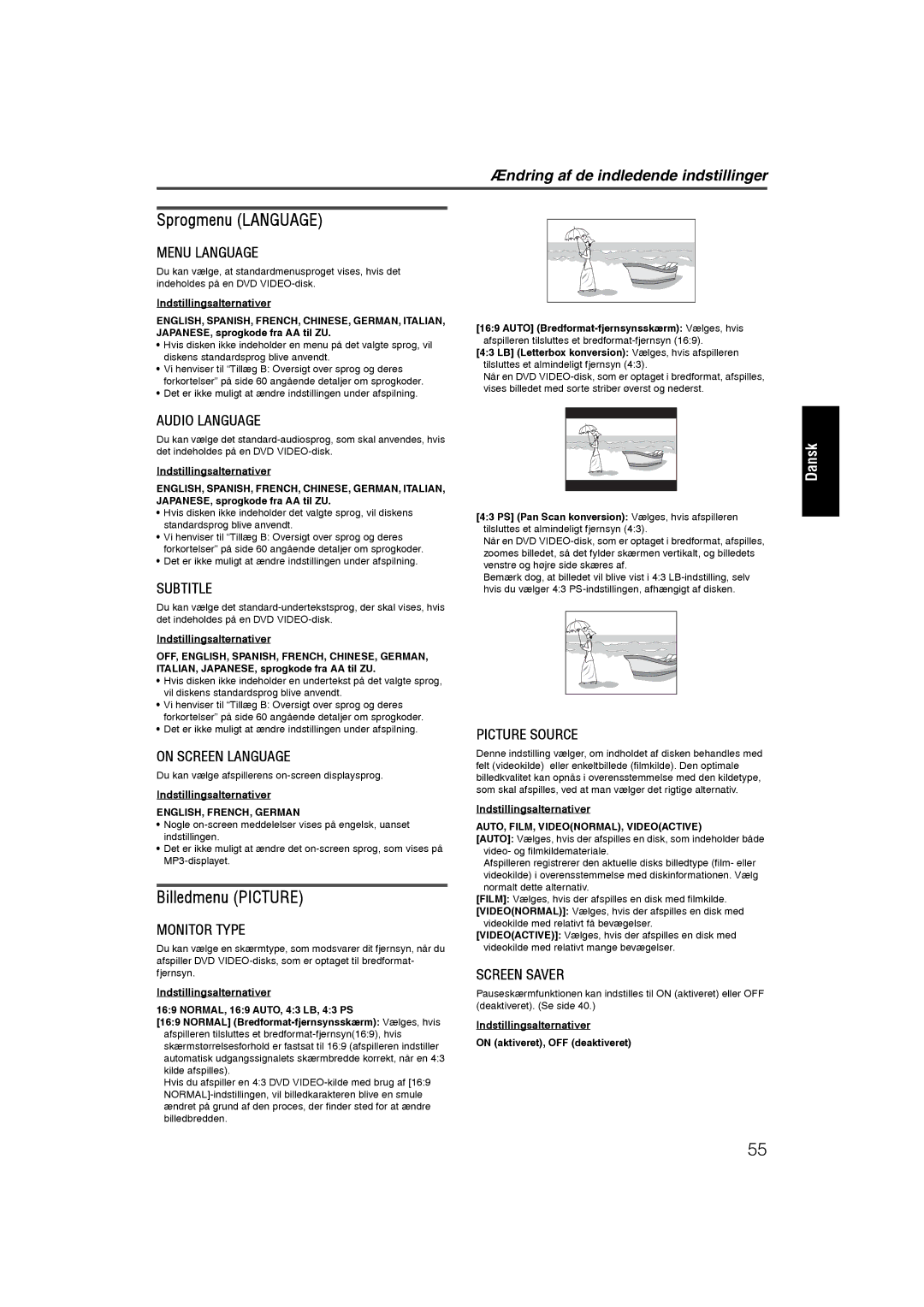 JVC RX-ES1SL manual Sprogmenu Language, Billedmenu Picture, Ændring af de indledende indstillinger, ENGLISH, FRENCH, German 