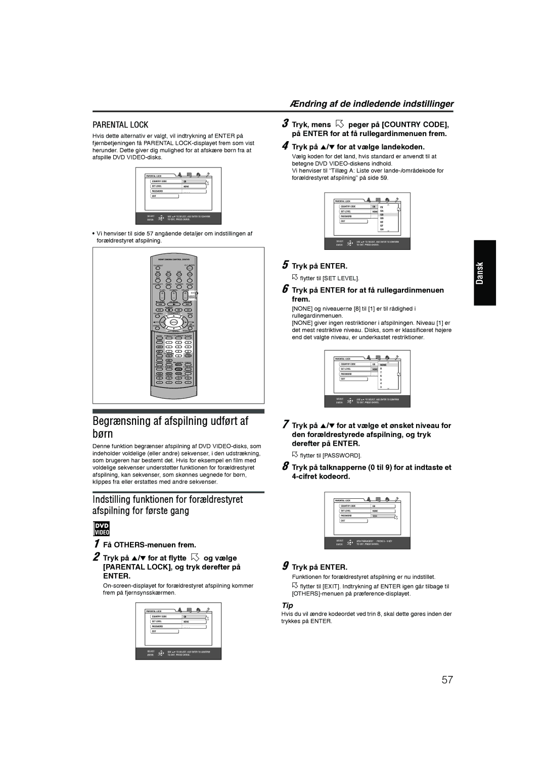 JVC RX-ES1SL manual Begrænsning af afspilning udført af børn, Tryk på Enter for at få rullegardinmenuen, Frem 