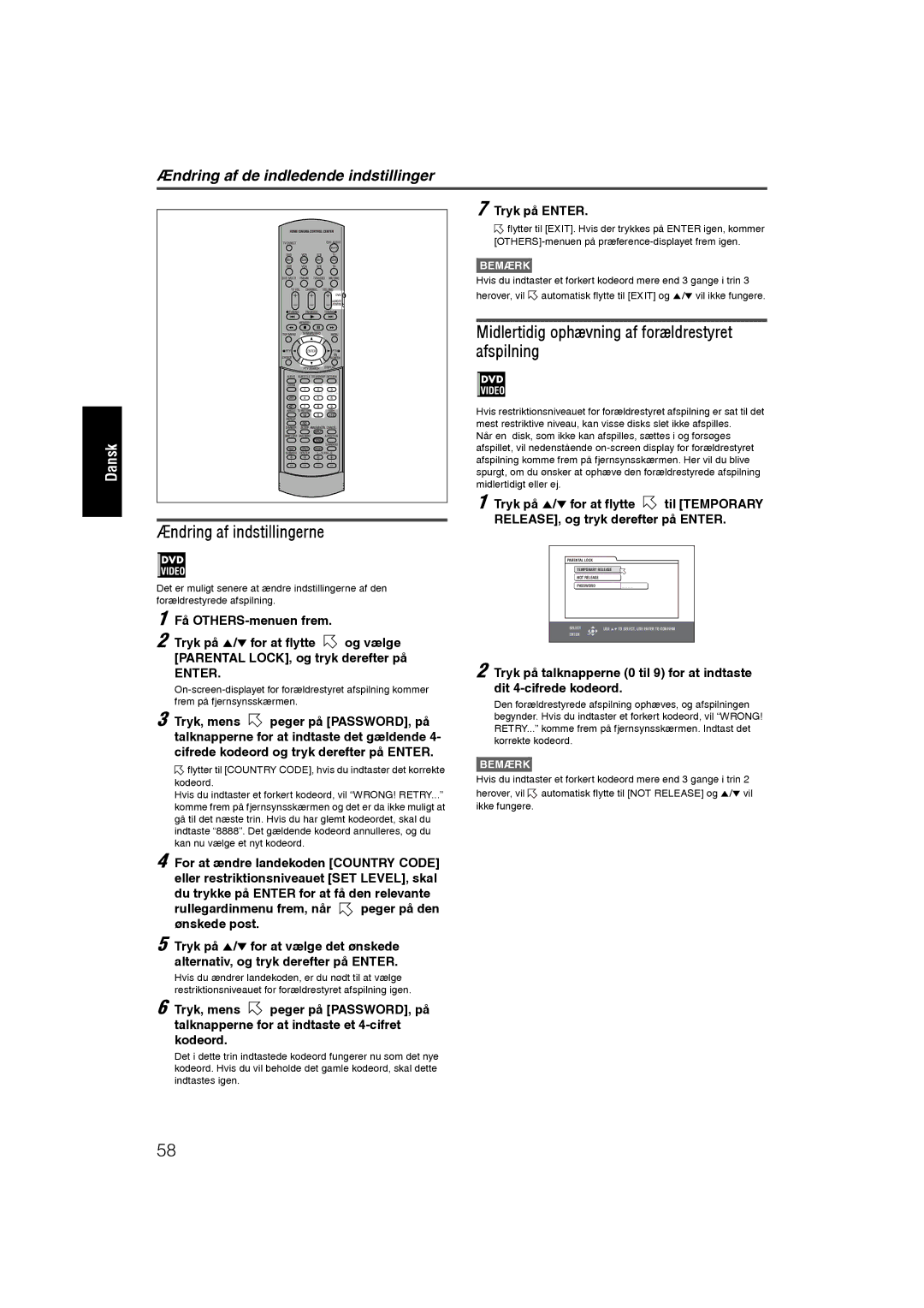 JVC RX-ES1SL manual Ændring af indstillingerne, Midlertidig ophævning af forældrestyret afspilning 