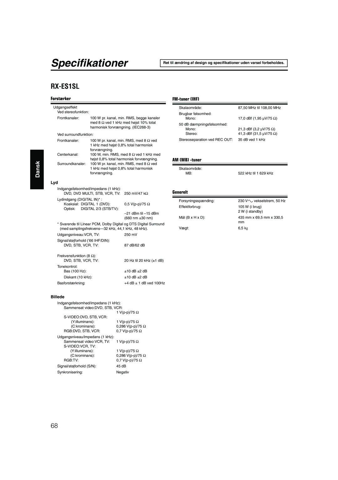 JVC RX-ES1SL manual Specifikationer, Lyd, Billede 