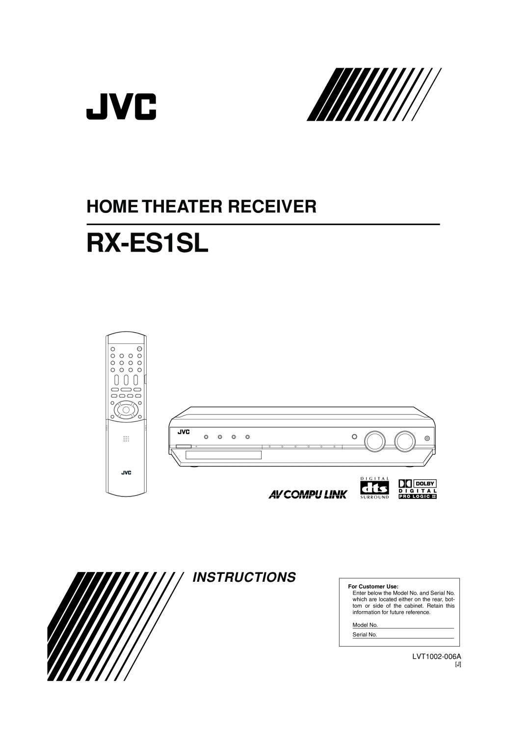 JVC RX-ES1SL manual Home Theater Receiver, Instructions, LVT1002-006A, For Customer Use, Model No Serial No 