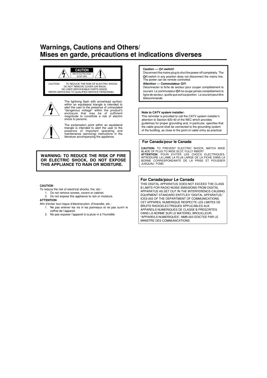 JVC RX-ES1SL manual Warnings, Cautions and Others, For Canada/pour Le Canada, For Canada/pour le Canada, Caution –– switch 