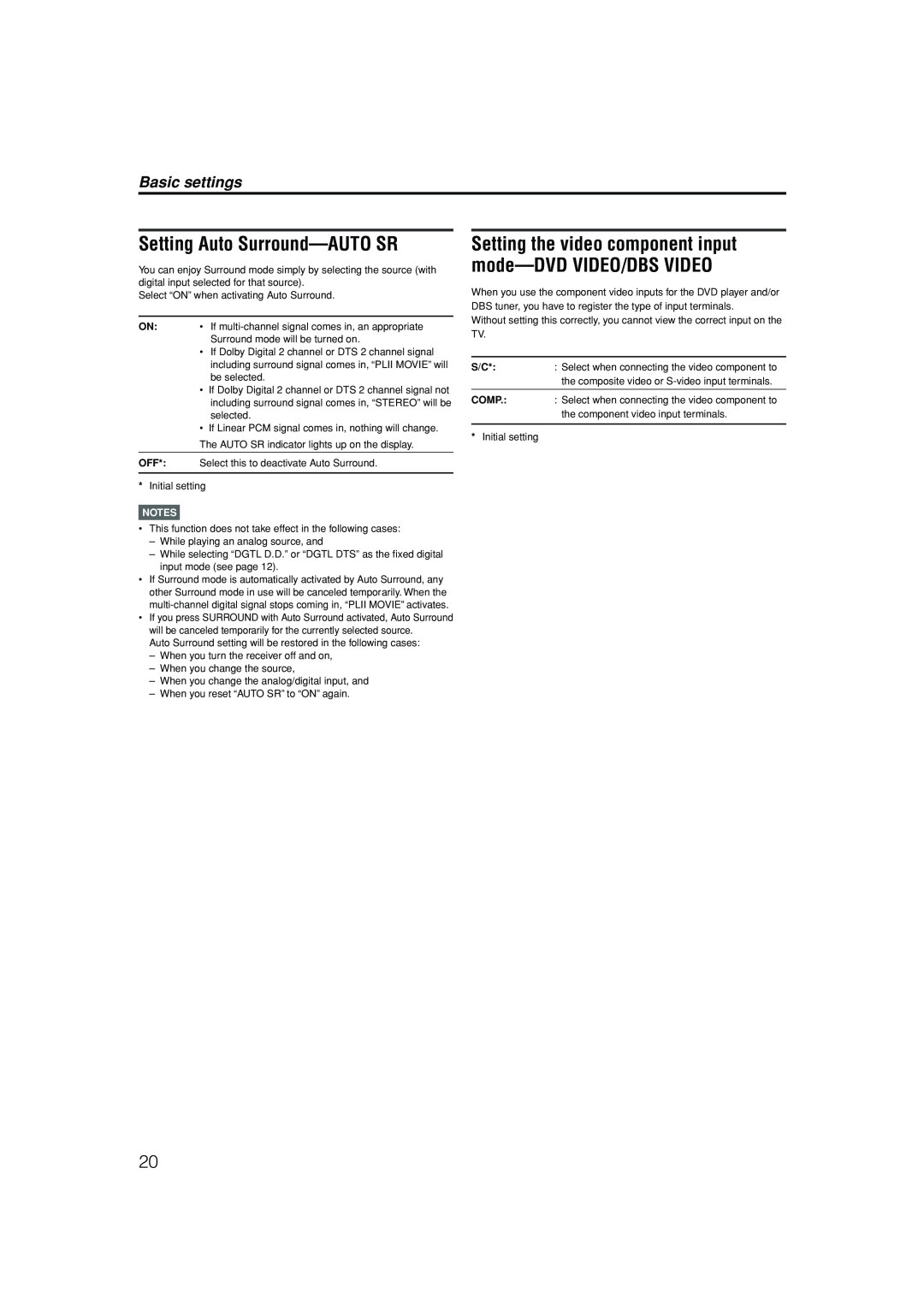 JVC RX-ES1SL manual Setting Auto Surround-AUTOSR, Basic settings, Notes 