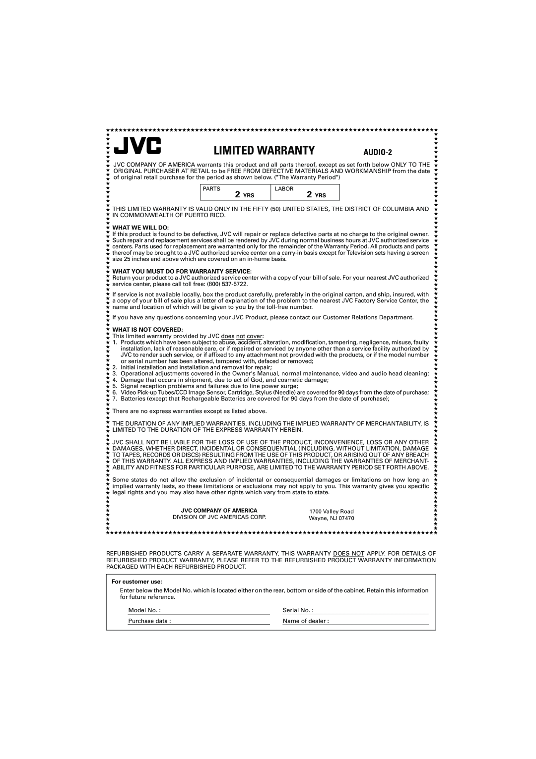 JVC RX-ES1SL manual Limited Warranty, AUDIO-2, What We Will Do, What You Must Do For Warranty Service, What Is Not Covered 