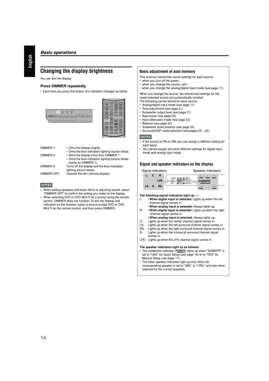 JVC RX-ES1SL manual Changing the display brightness, English, Basic operations, Basic adjustment of auto memory, Notes 