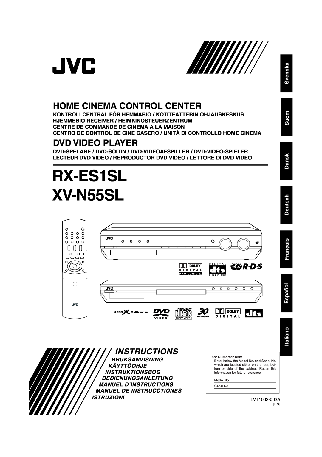 JVC RX-ES1SL manual Home Theater Receiver, Instructions, LVT1002-006A, For Customer Use, Model No Serial No 