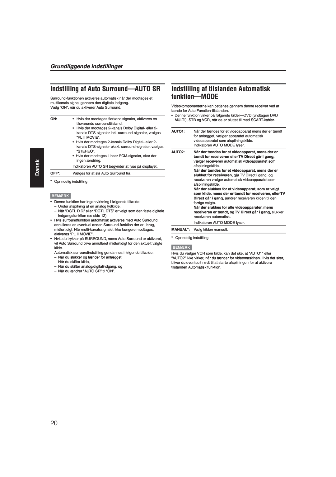JVC RX-ES1SL manual Indstilling af Auto Surround-AUTOSR, Grundliggende indstillinger, Dansk, Bemærk, AUTO1, AUTO2, Manual 
