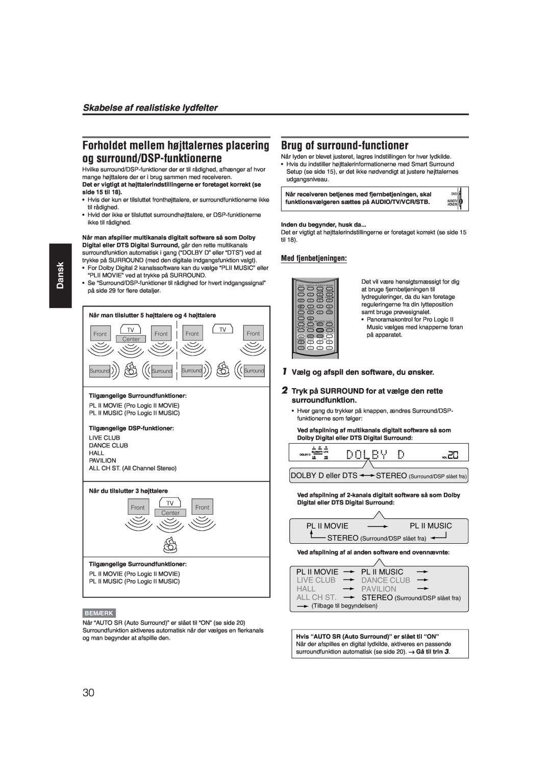 JVC RX-ES1SL og surround/DSP-funktionerne, Dansk, Skabelse af realistiske lydfelter, surroundfunktion, side 15 til, Bemærk 