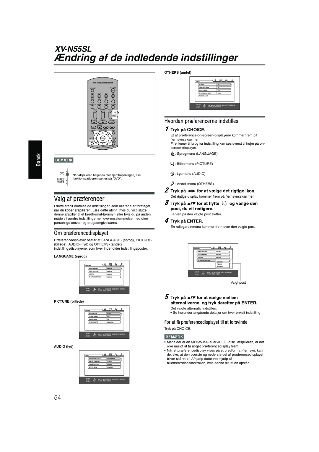 JVC RX-ES1SL manual Ændring af de indledende indstillinger, Valg af præferencer, Hvordan præferencerne indstilles, XV-N55SL 