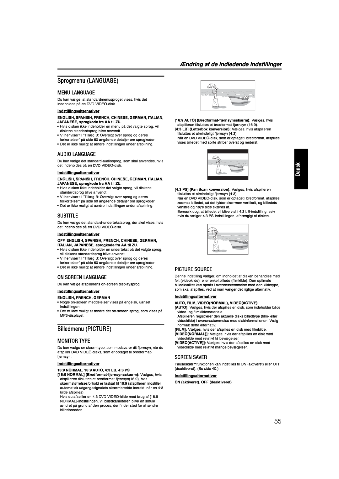 JVC RX-ES1SL manual Sprogmenu LANGUAGE, Billedmenu PICTURE, Ændring af de indledende indstillinger, Dansk, Menu Language 
