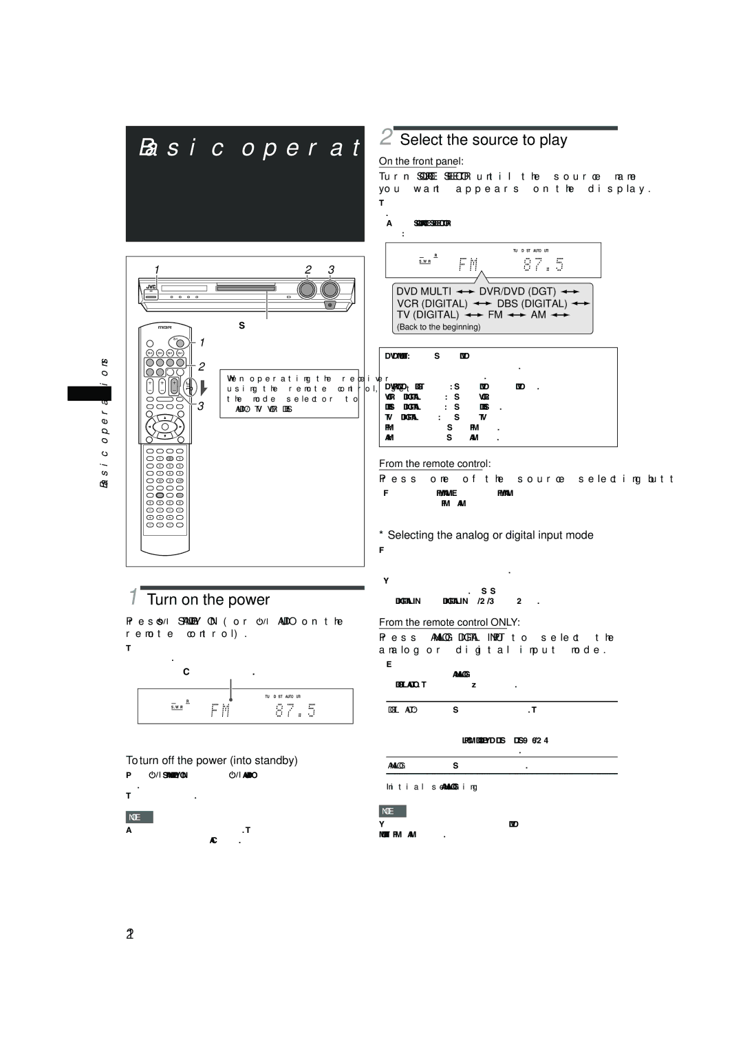 JVC RX-F10S manual Basic operations, Turn on the power, Select the source to play, To turn off the power into standby 