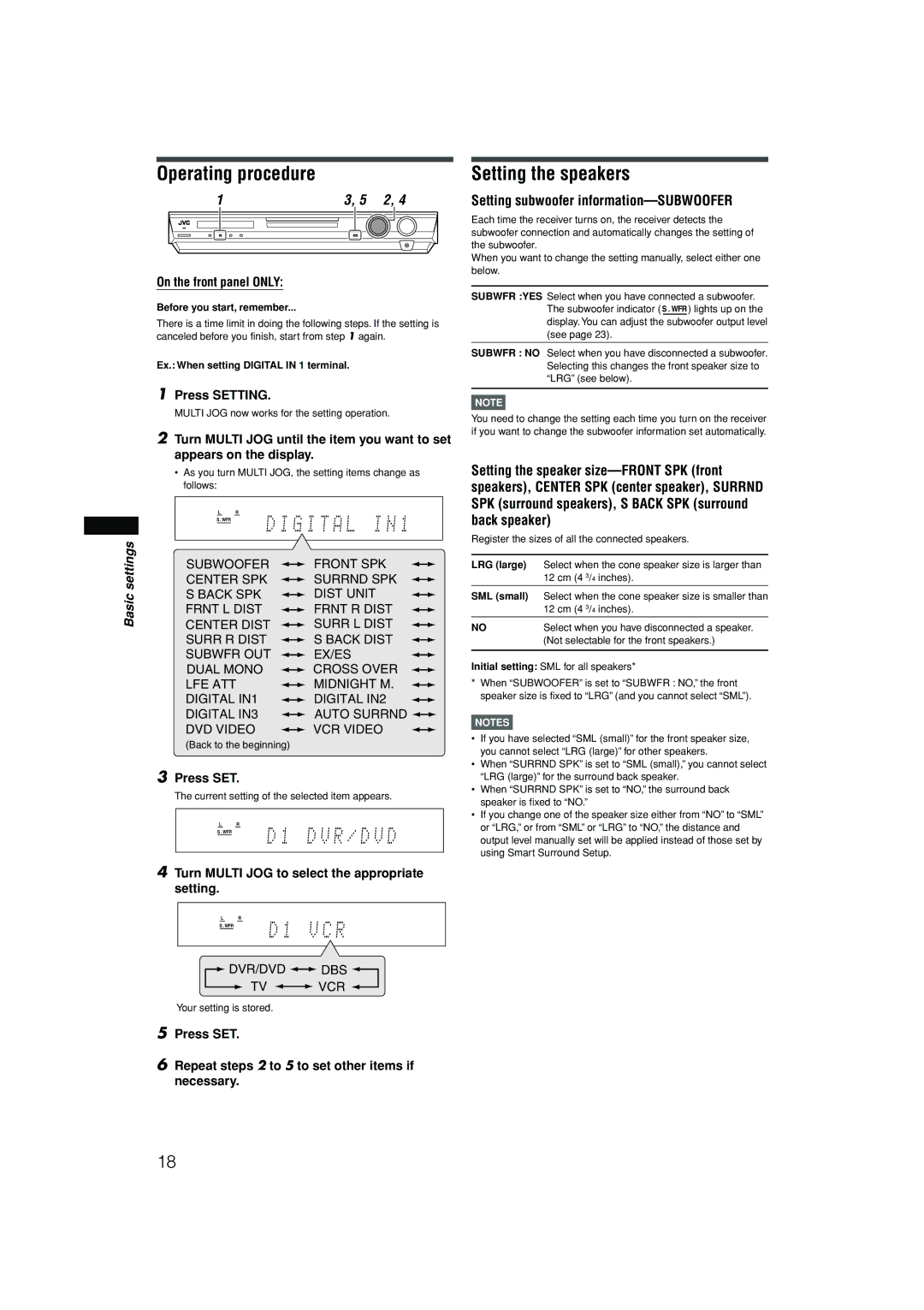 JVC RX-F10S manual Operating procedure, Setting the speakers, Setting subwoofer information-SUBWOOFER 