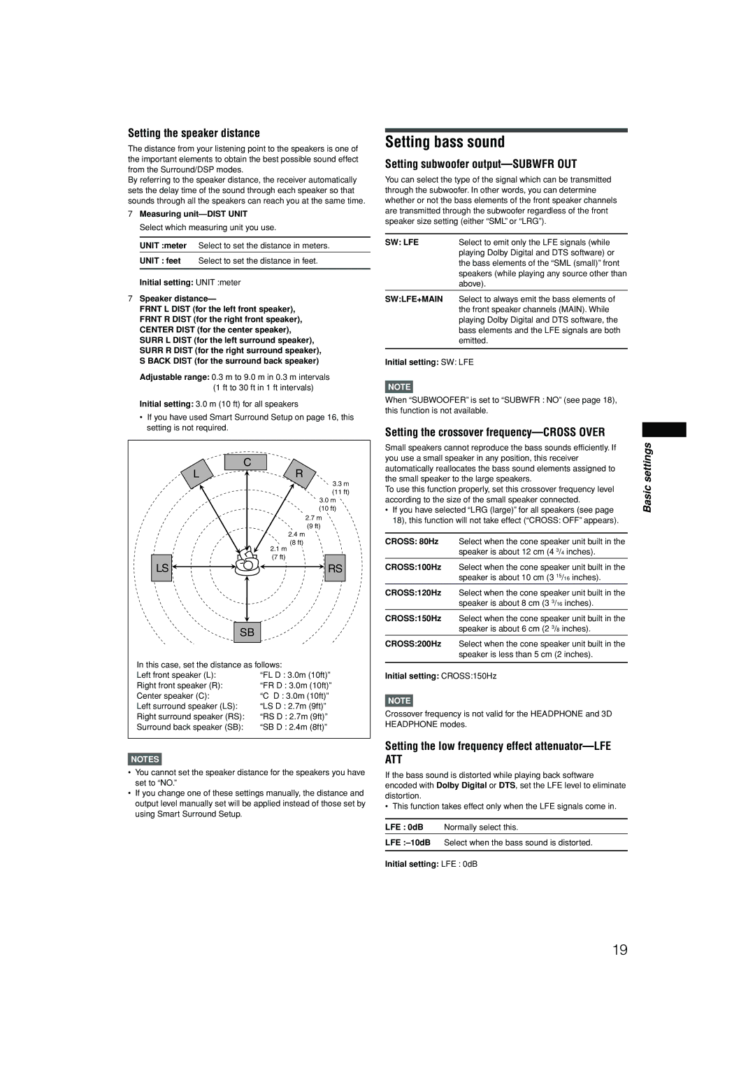 JVC RX-F10S manual Setting bass sound, Setting the speaker distance, Setting subwoofer output-SUBWFR OUT 