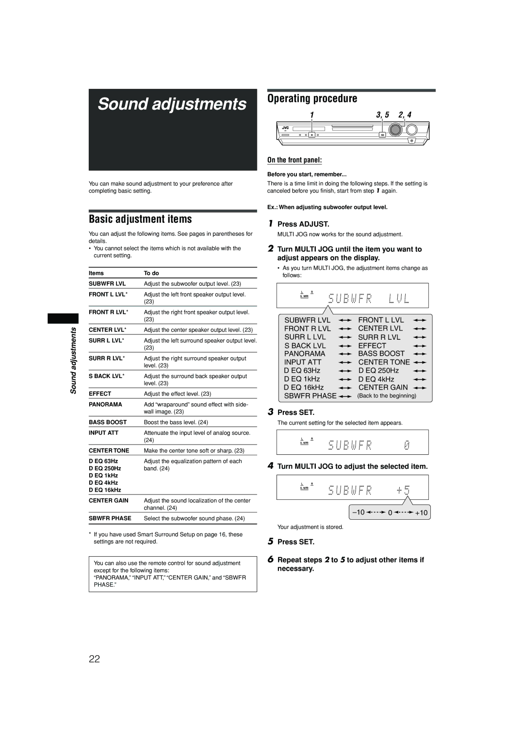 JVC RX-F10S manual Sound adjustments, Basic adjustment items, On the front panel, Press Adjust 