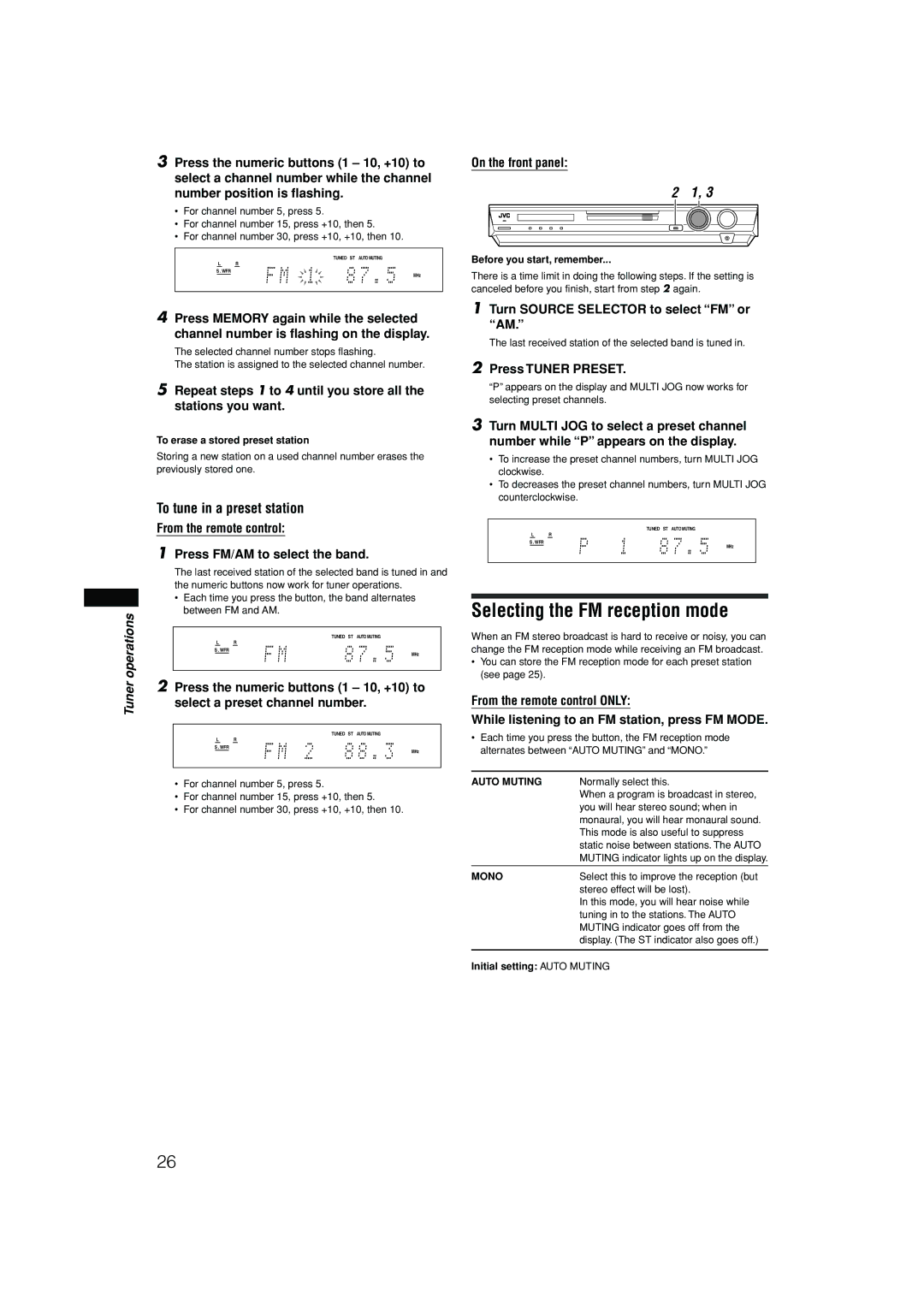 JVC RX-F10S manual Selecting the FM reception mode, To tune in a preset station, Turn Source Selector to select FM or AM 