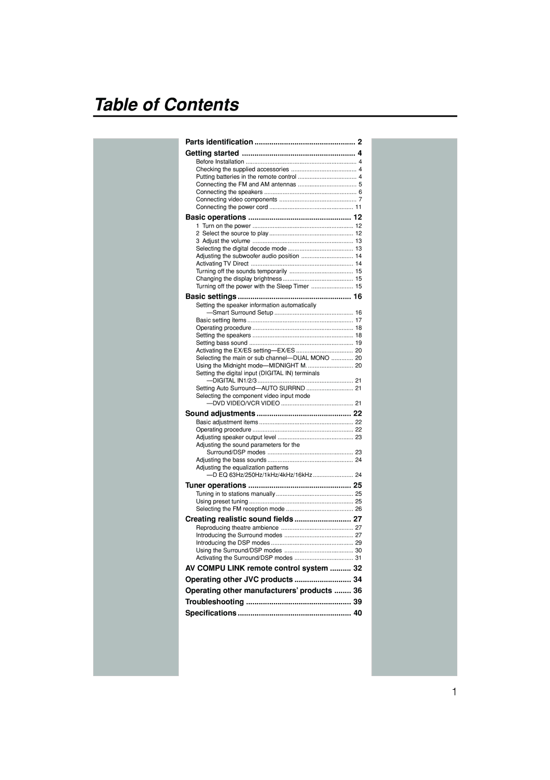 JVC RX-F10S manual Table of Contents 