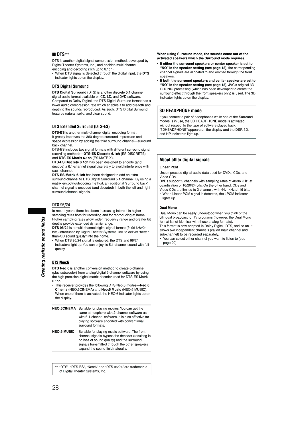 JVC RX-F10S manual Dts, 3D Headphone mode, About other digital signals 